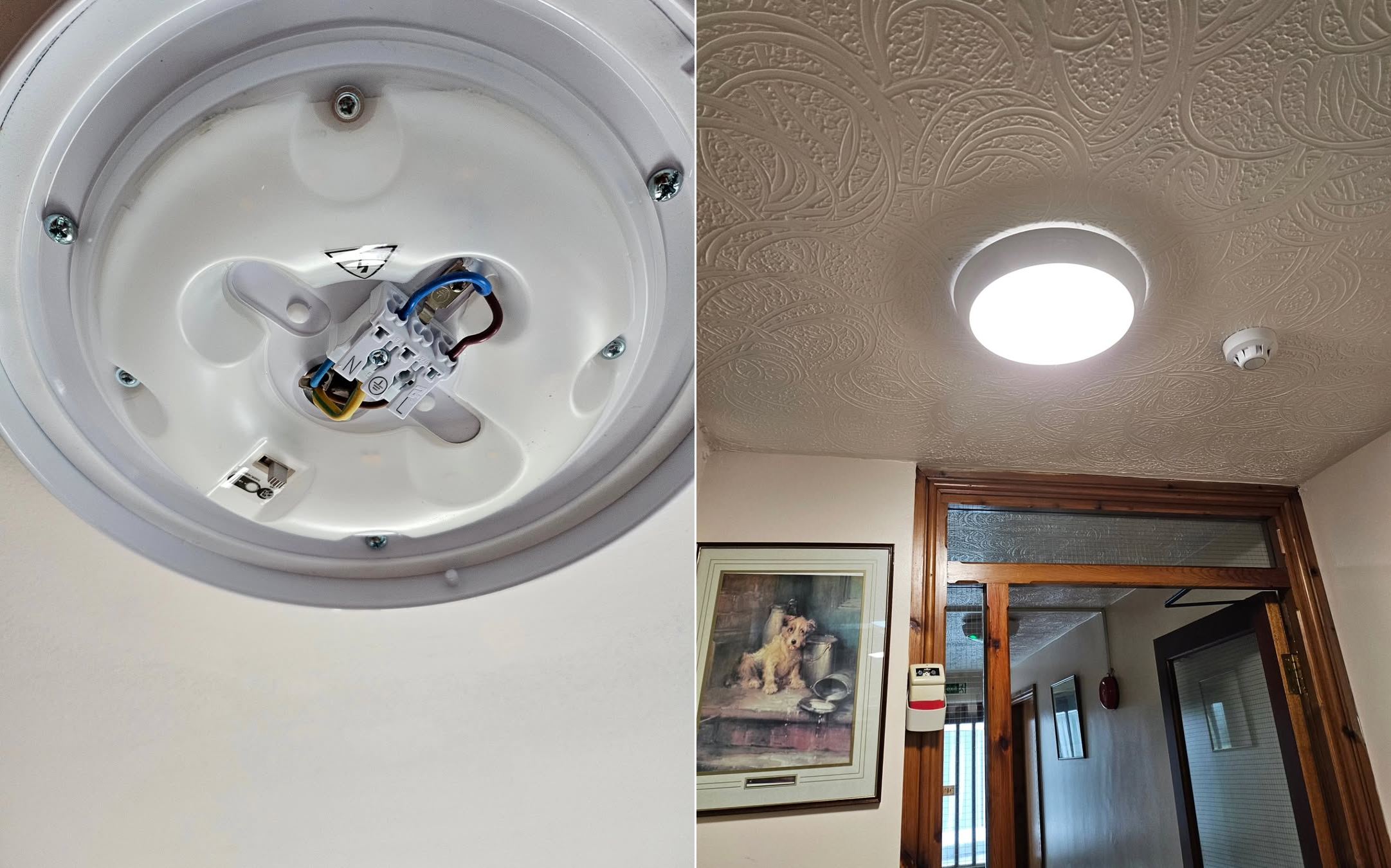 Left: Closeup of lighting fixture wiring. Right: Finished light installed in a ceiling in a care home.